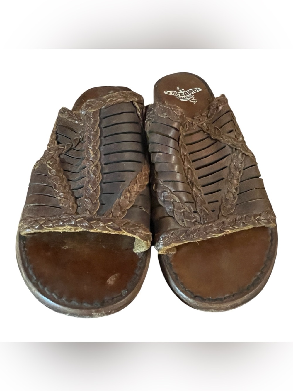 freebird brown braided leather slip-on sandals